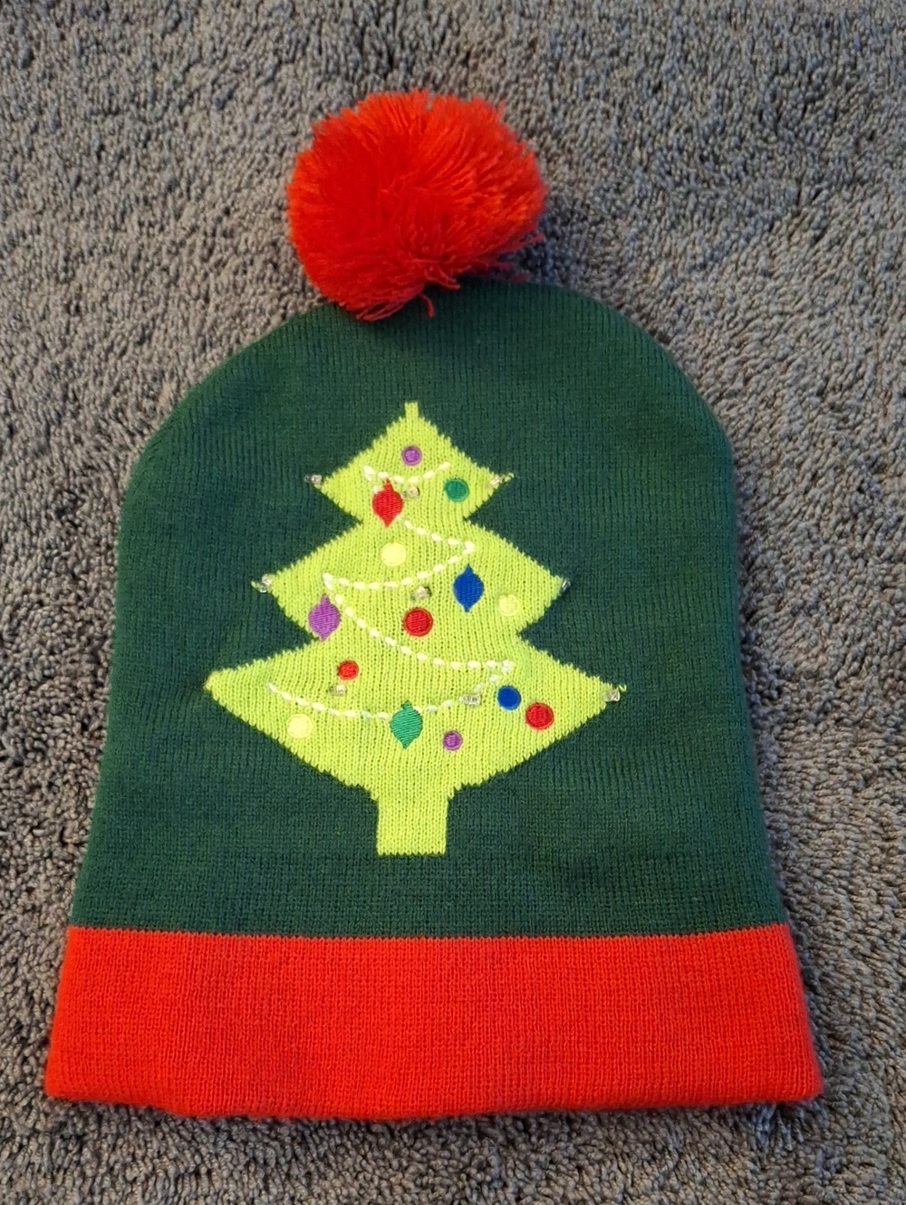 Lighted Christmas Tree Pom Beanie Winter Hat - Red Trim